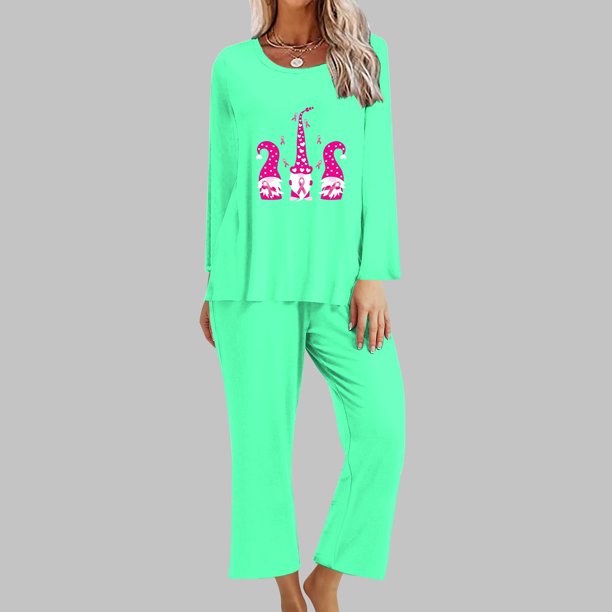 Puntoco Conjunto De Pantalones Y Manga Larga Con Cuello Redondo Y Estampado De Cáncer De Mama Para Mujer, Color Verde Menta, Xl