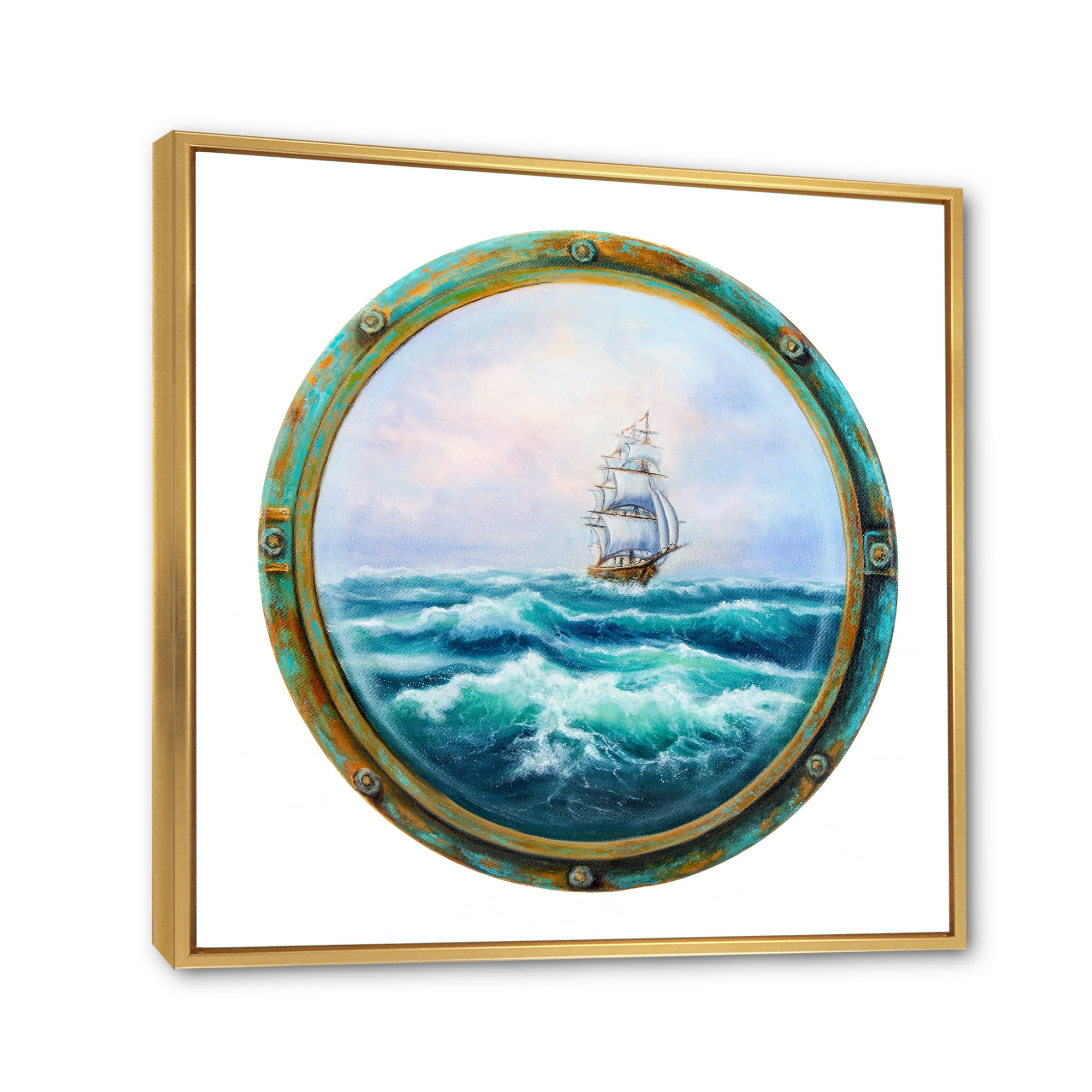Designart 'Ship In Stormy Ocean Through Cabin Window' Nautical & Coastal Framed Canvas Wall Art Print