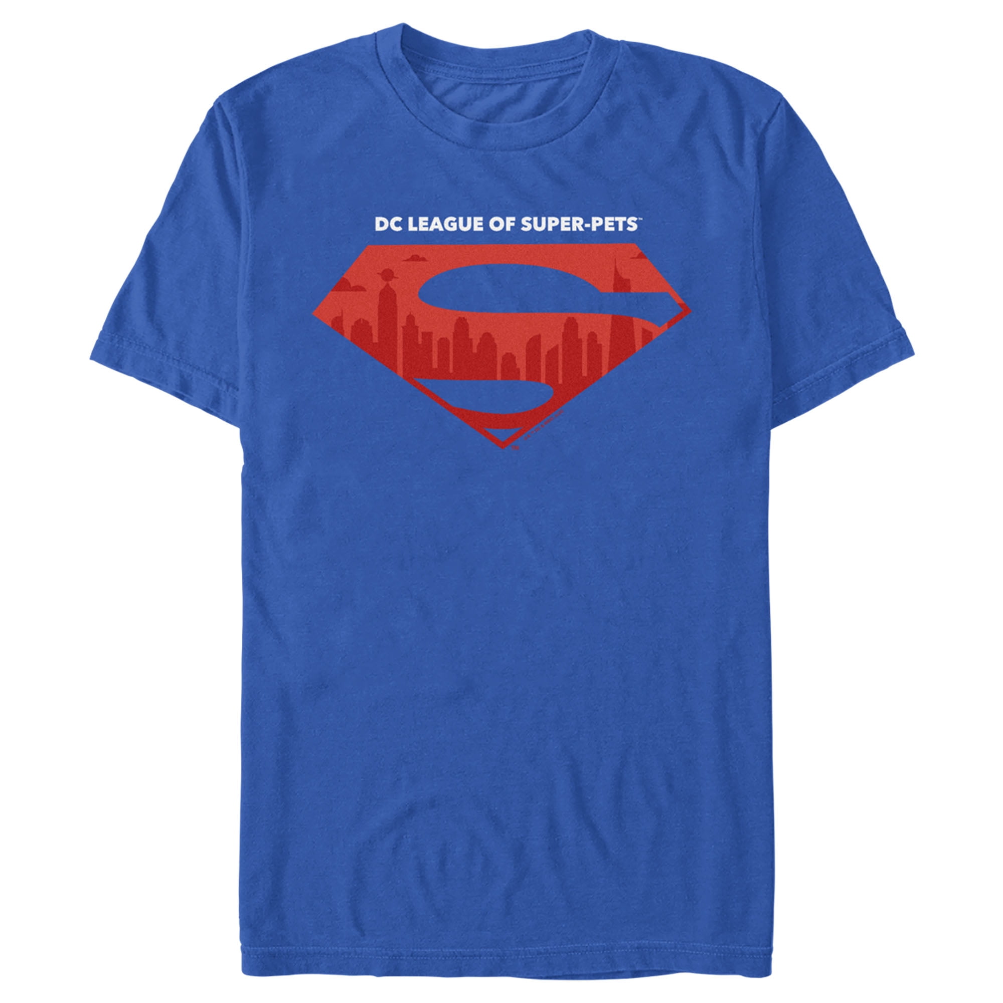 Men's DC League of Super-Pets Skyline Superman Crest Graphic Tee Royal Blue 3X Large