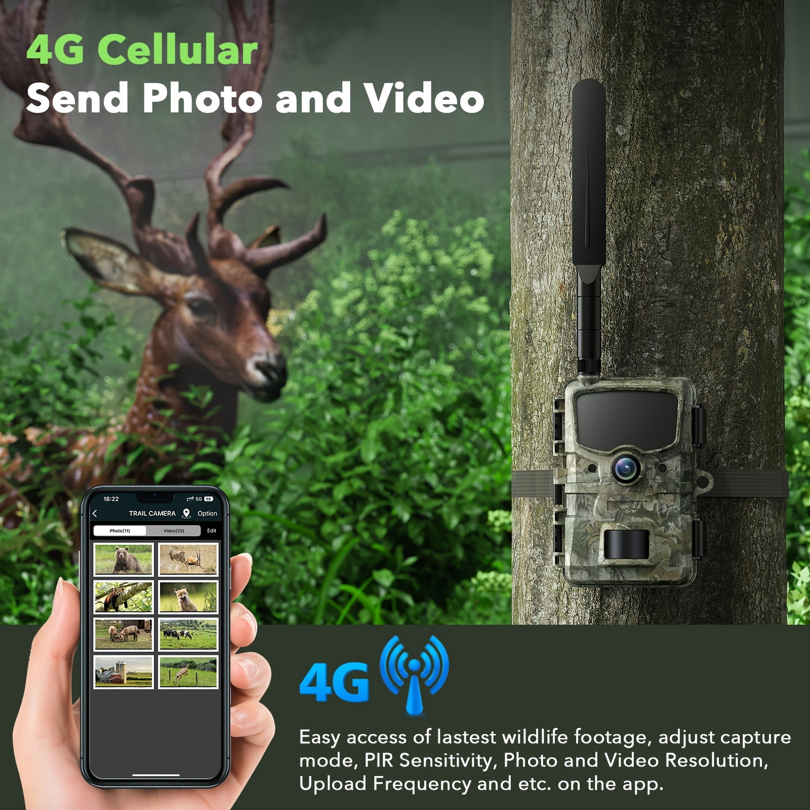 TC20 Cellular Trail Camera, 24MP 1080P Game Camera Built-In 4G LTE SIM Card, Night Vision Hunting Cam, Without Battery