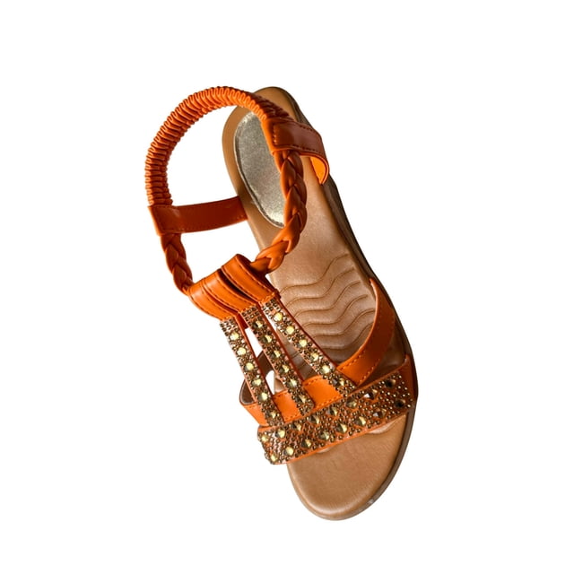 Women's Rhinestone Sandals Vacation Beach Ankle Strap Flat Platform Shoes Open Toe Comfortable Breathable Walking Shoes Orange 40