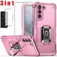 thumbnail image 1 of For Samsung Galaxy S21 FE 5G Case With Screen Protectore Camera Lens Tempered Glass, 360 Degree Rotating Metal Magnetic Ring Car Mount Holder Kickstand Heavy Duty Cover - Pink, 1 of 5
