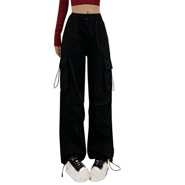 Women's Solid Color American Parachute Pants High Waist Wide Leg Casual Drawstring Workwear Joggers