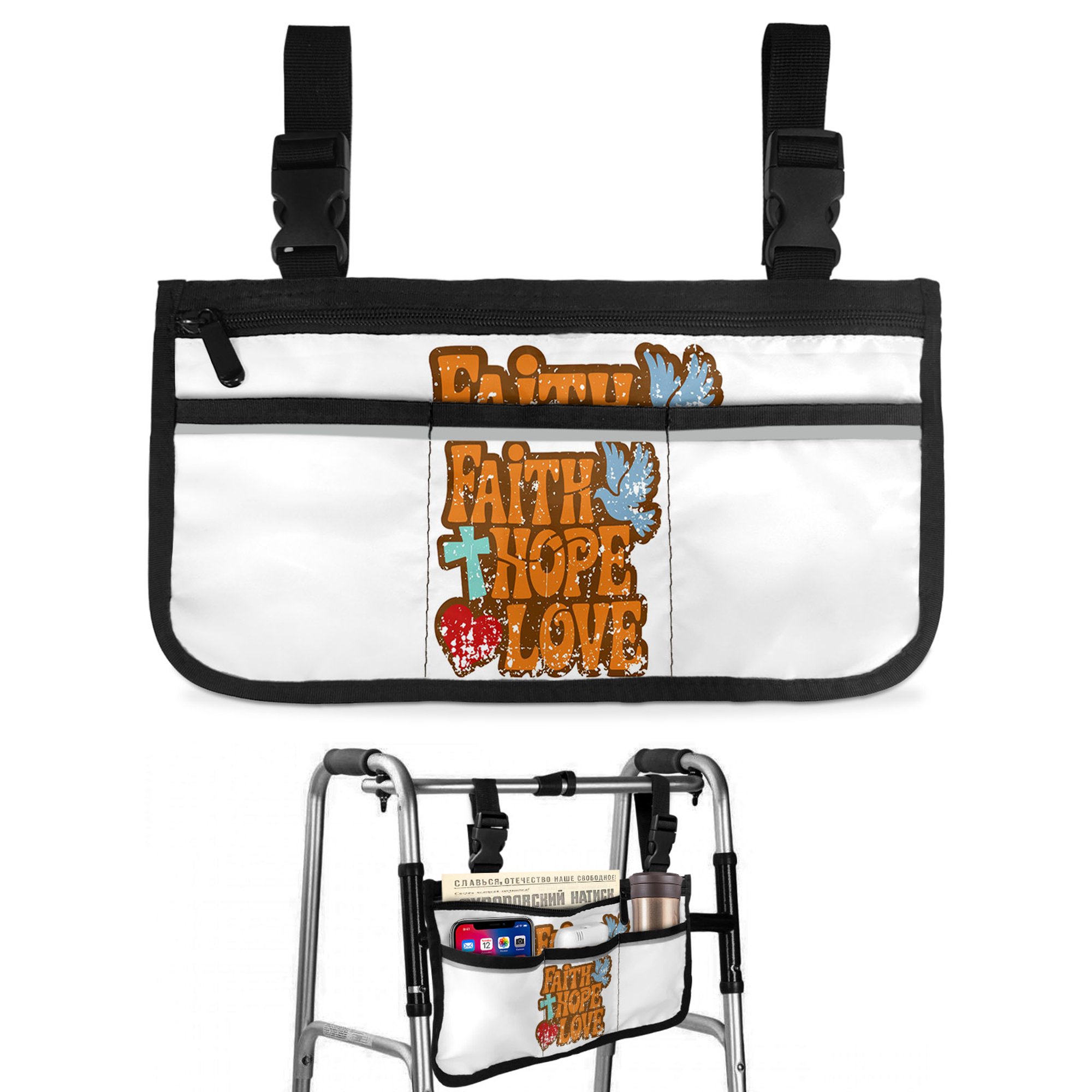 Faith Hope Love Wheelchair Side Bag with Cup Holder, Pigeon Love Heart Vintage Wheelchair Armrest Bag Storage Pouch Adults, Seniors for Walkers, Rollator, Scooter