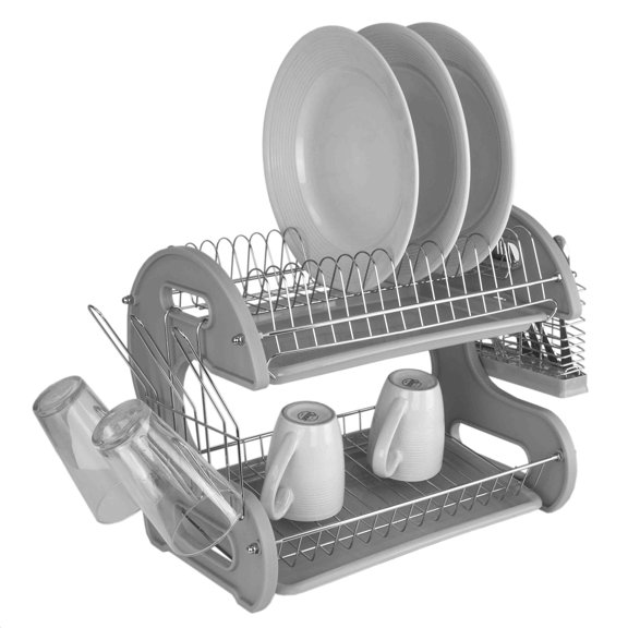 Home Basics S Shape 2-tier Dish Drainer, Grey