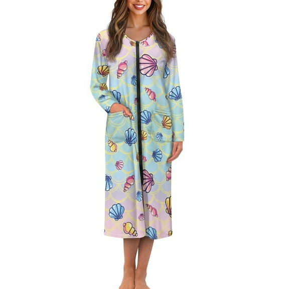 FOR U DESIGNS Seashell Fish Scales Print Women Nightgown Soft House Dresses for Woman with Pockets, Lightweight Elastic Fabric Robes for Woman Zipper Mumu Dress, S