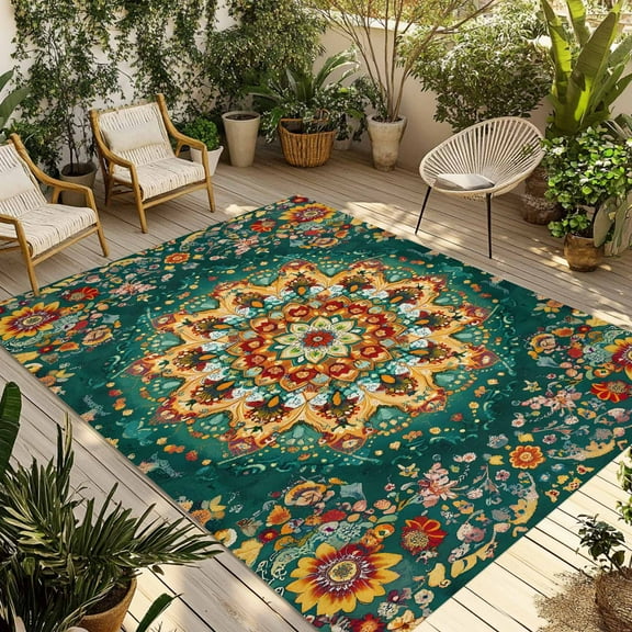 Fsddascl Boho Flower Outdoor Rug for Patio/Deck/Porch, Non-Slip Large Area Rug 4 x 6 Ft, Yellow Green Bohemian Colorful Medallion Indoor Outdoor Rugs Washable Area Rugs, Camping Rug Carpet