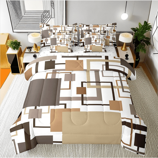 Erosebridal Ensembles de Literie à Rayures Géométriques Format Simple, Ensembles de Douillette Carrés Rectangulaires avec Draps, Déco de Chambre d'Ado, Réversible, Léger, 7 Pcs