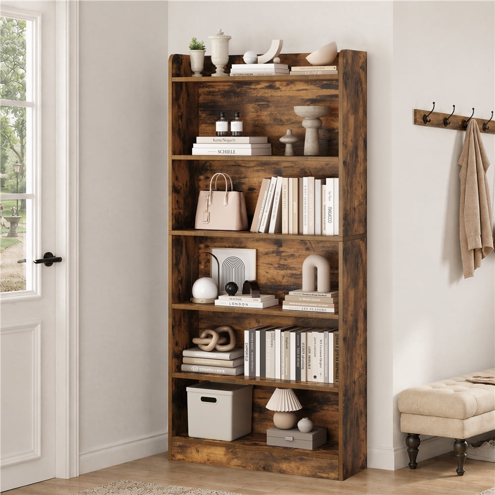 Renwick 6-Tier Open Shelf Bookcase with Top Open Compartment, Set of 2, Rustic Brown
