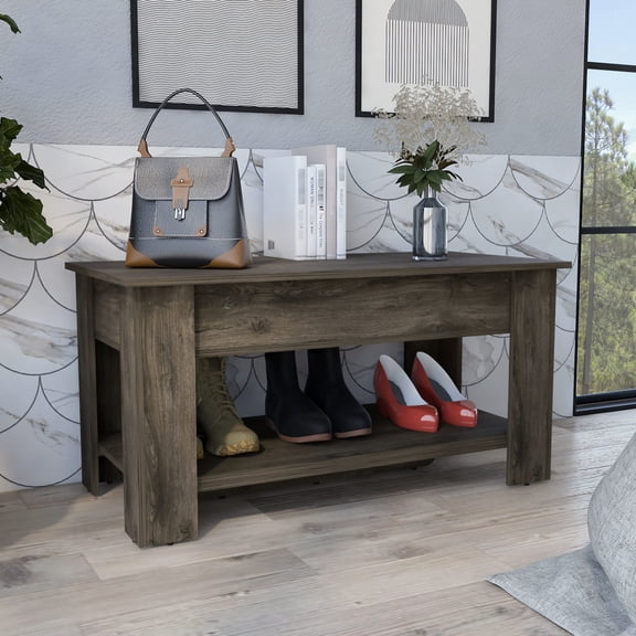 Narrow brown storage bench with extendable shelf perfect for closet shoe storage