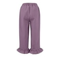 thumbnail image 4 of RPVATI Women Cotton Linen Pants Casual Ruffle Elastic Waist Flowy Wide Leg Capri Pants Summer Drawstring Lounge Vacation Palazzo Pants with Pockets Purple XL, 4 of 8