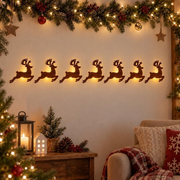 7Pcs Lighted Christmas Wall Decor, Wooden LED Reindeer Christmas Decorations, Holiday Wall Art for Living Room, Bedroom, Fireplace & Entryway