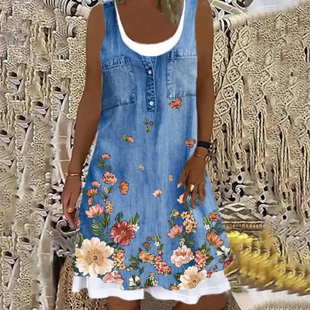 SMihono Robe d'Été pour Femmes Grande Taille Mode Femmes Décontractée Aguichant à Col Rond à Imprimé Floral Fausse Robe Deux Pièces Sans Manches