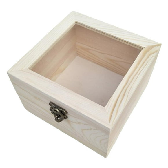 Natural Plain Wooden Box Wood Storage Case Glass Lid 20x20x12cm