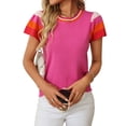thumbnail image 3 of Women'S Color Block Tops Casual Crewneck Short Sleeve Pullover Sweater Knit Beach Vacation Clothes Rose Red XL, 3 of 9