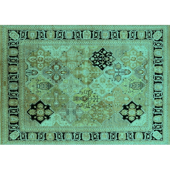 Ahgly Company Machine Washable Indoor Rectangle Oriental Turquoise Blue Industrial Area Rugs, 8' x 10'