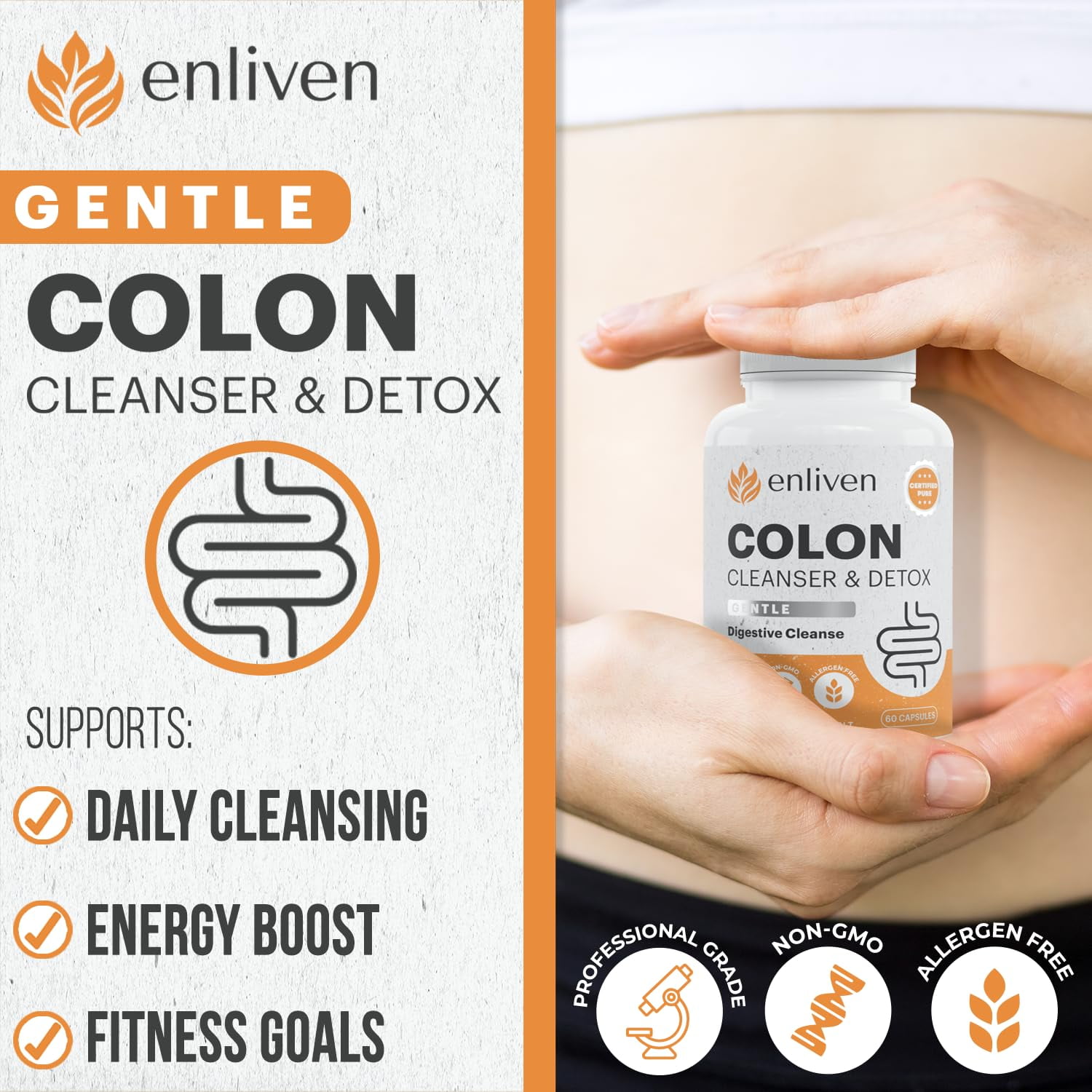 Enliven Gentle Colon Cleanse | Detox & Weight Loss Support | Gut Health | 60 Capsules
