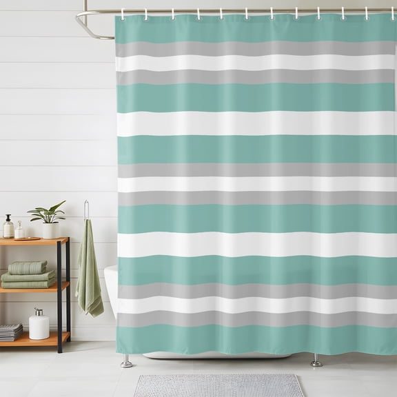 Aqua Grey White Stripe Shower Curtains for Bathroom, Rustic Modern Turquoise Striped Waterproof Fabric Shower Curtain, Decorative Bathroom Curtain for Bathtub, 66"x72" , No Hooks Included