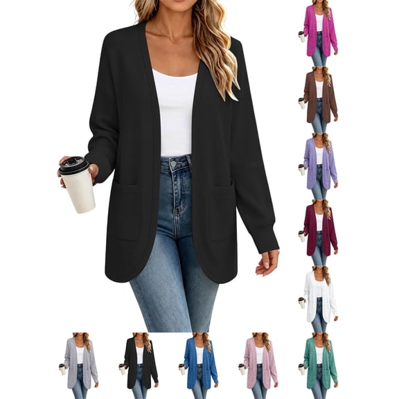 Fall Cardigans For Women Women Fashion Casual Solid Color Pocket Cardigan Long Length Long Sleeve Top Coat Black L