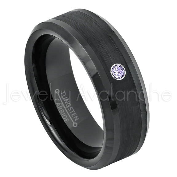 Black Tungsten Ring Beveled Edge - 0.07ct Solitaire Tanzanite Ring - Personalized Tungsten Wedding Ring - Custom Made December Birthstone Ring TN663BS