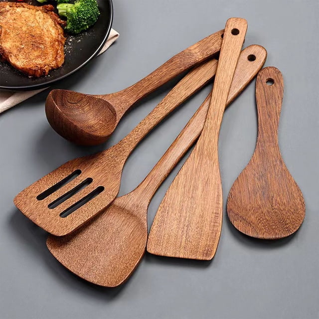 pstuiky Wooden Kitchen Utensil Set Non Stick Pan Shovel Spoon 8.66-13.38 Inch Smooth Finish Cooking Stirring Serving