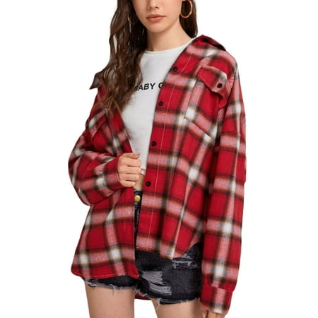 

GirarYou Female Shirt Adults Plaid Turn-Down Collar Long Sleeve Tops Blouse