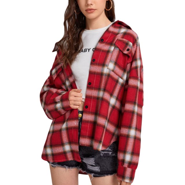 Women Plaid Flannel Shirt Jacket Button Down Lapel Long Sleeve Shirts Blouse Shacket Cardigan Coats Fall Spring Clothes