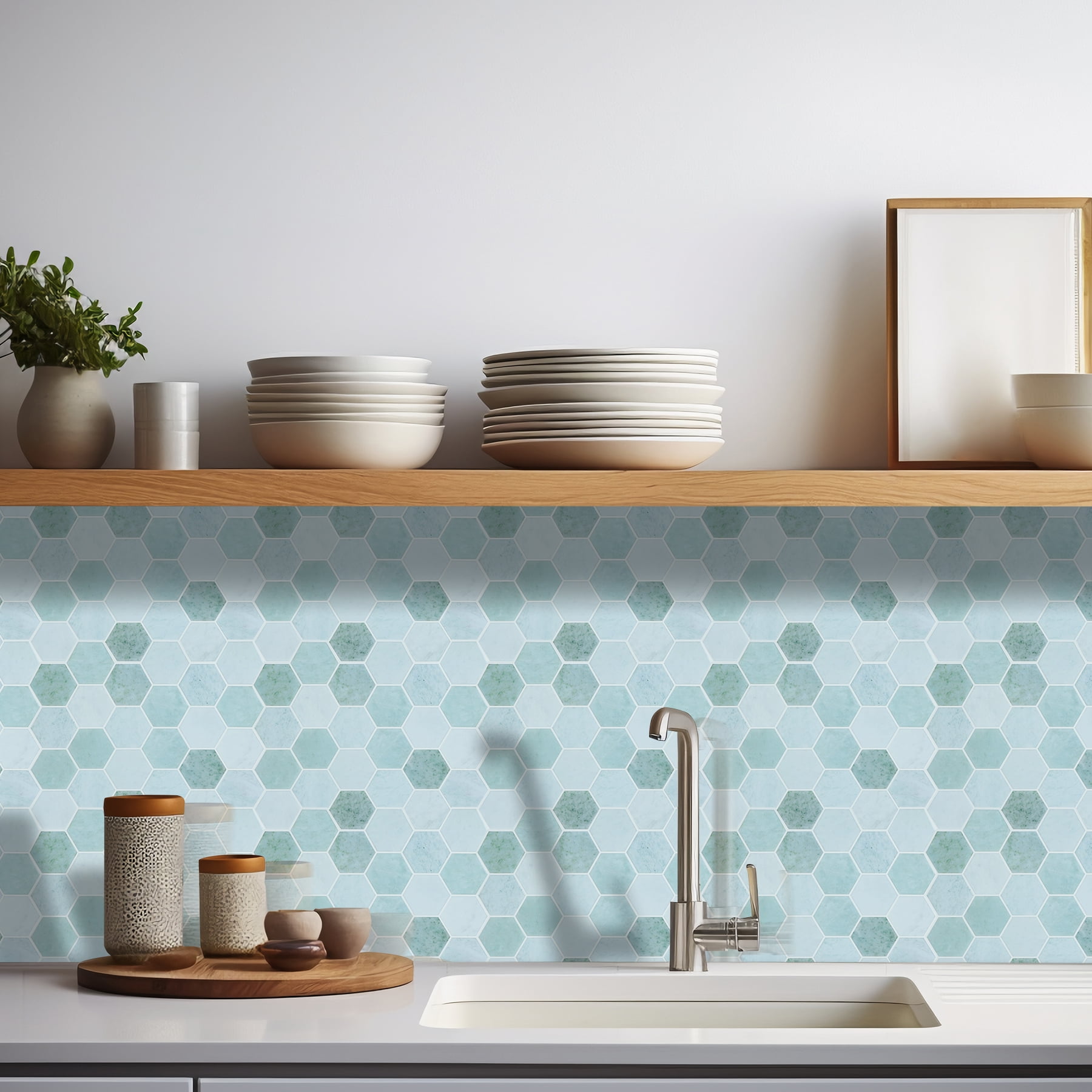 Hexagon Peel and Stick Backsplash, 12"x 12" Self-Adhesive Marble Green Stick on Wall Tiles for Kitchen Bathroom (10 Sheets)