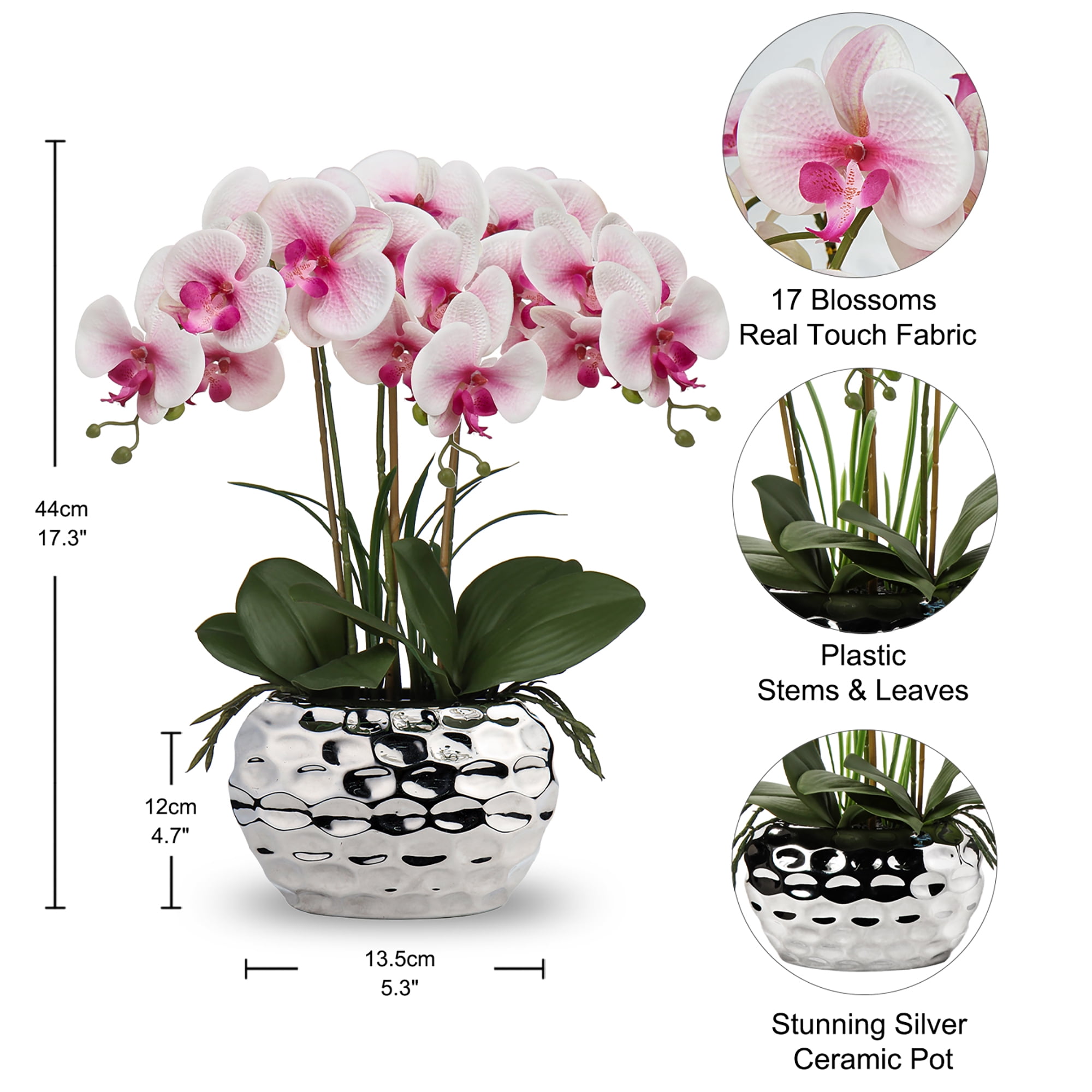 Orchids Artificial Flowers 18" Pink Phalaenopsis Large Orchid Flowers with Silver Ceramic Pots Real Touch Silk Faux Orchid Arrangement for Home Office Bathroom Living Room Table Decoration