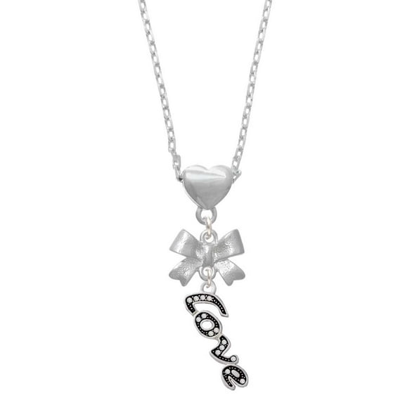 Delight Jewelry Silvertone Crystal Script ''Love'' Silver tone Bow Heart Necklace