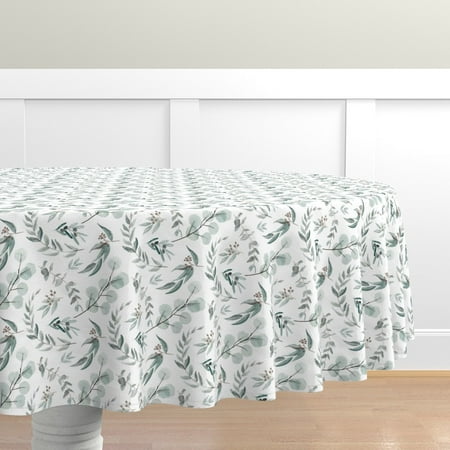 

Cotton Sateen Tablecloth 90 Round - Australian Eucalyptus Leaves Botanical Flora Rustic Farmhouse White Green Watercolor Greenery Print Custom Table Linens by Spoonflower