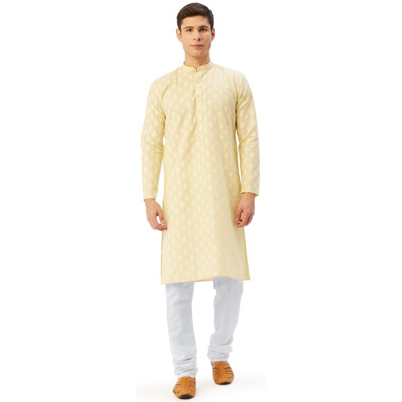 Maple Clothing Printed Casual Wear Men's Cotton Kurta Pajama India Apparel (Yellow, S)