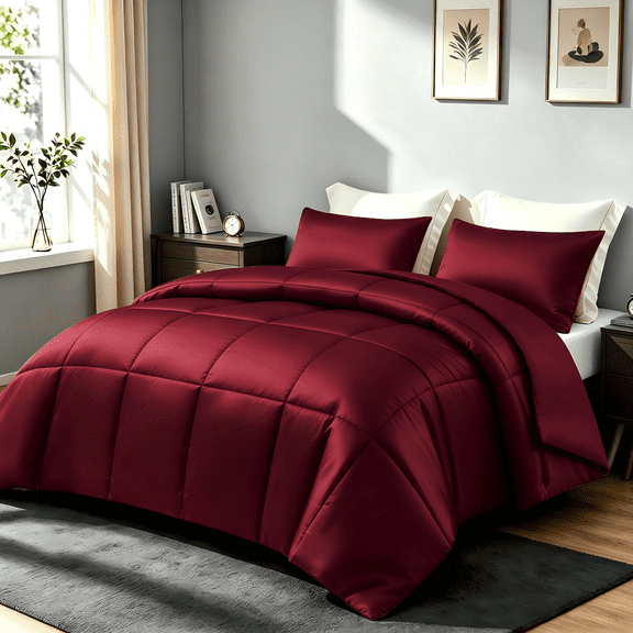 Whale Flotilla 3-Piece Reversible Silky Satin King Size Comforter Bedding Set, Lightweight Luxury Comforters with 2 Pillowcases All-Season, Red