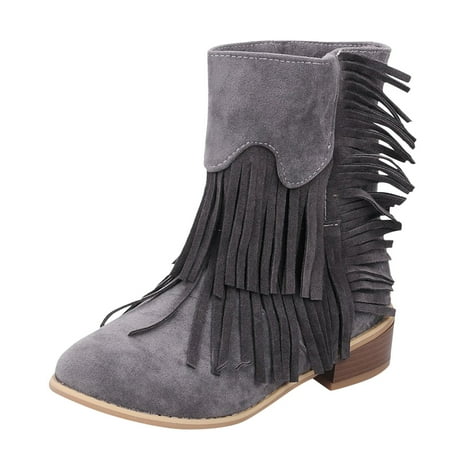 

WANYNG Women s Fashion Retro Tassel Slip-On Boots Solid Color Suede Flat Fashion Boots Womens Dress Boots Low Heel Warm Walking Boots Women