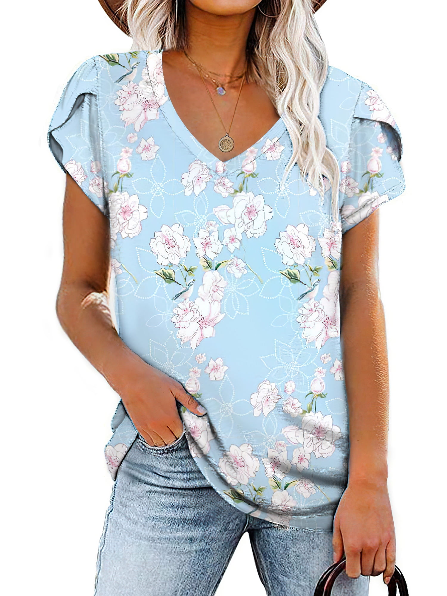 Amoretu Ladies V Neck T Shirts Summer Tops Floral Print Tee Light Blue ...