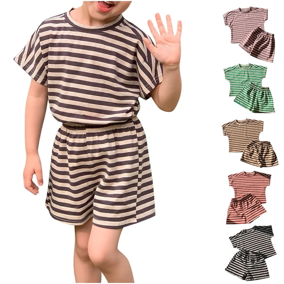 Ahuyic Summer Toddler Kids Shirt and Short Pants Set Boys Girls Printed Round Neck 2 Piece Outfits Casual Children's Set 4 Years Coffee