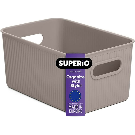 Decorative Plastic Open Home Storage Bins Organizer Baskets, Medium Taupe (1 Pack) Container Boxes for Organizing Closet Shelves Drawer Shelf - Ribbed Collection 5 Liter