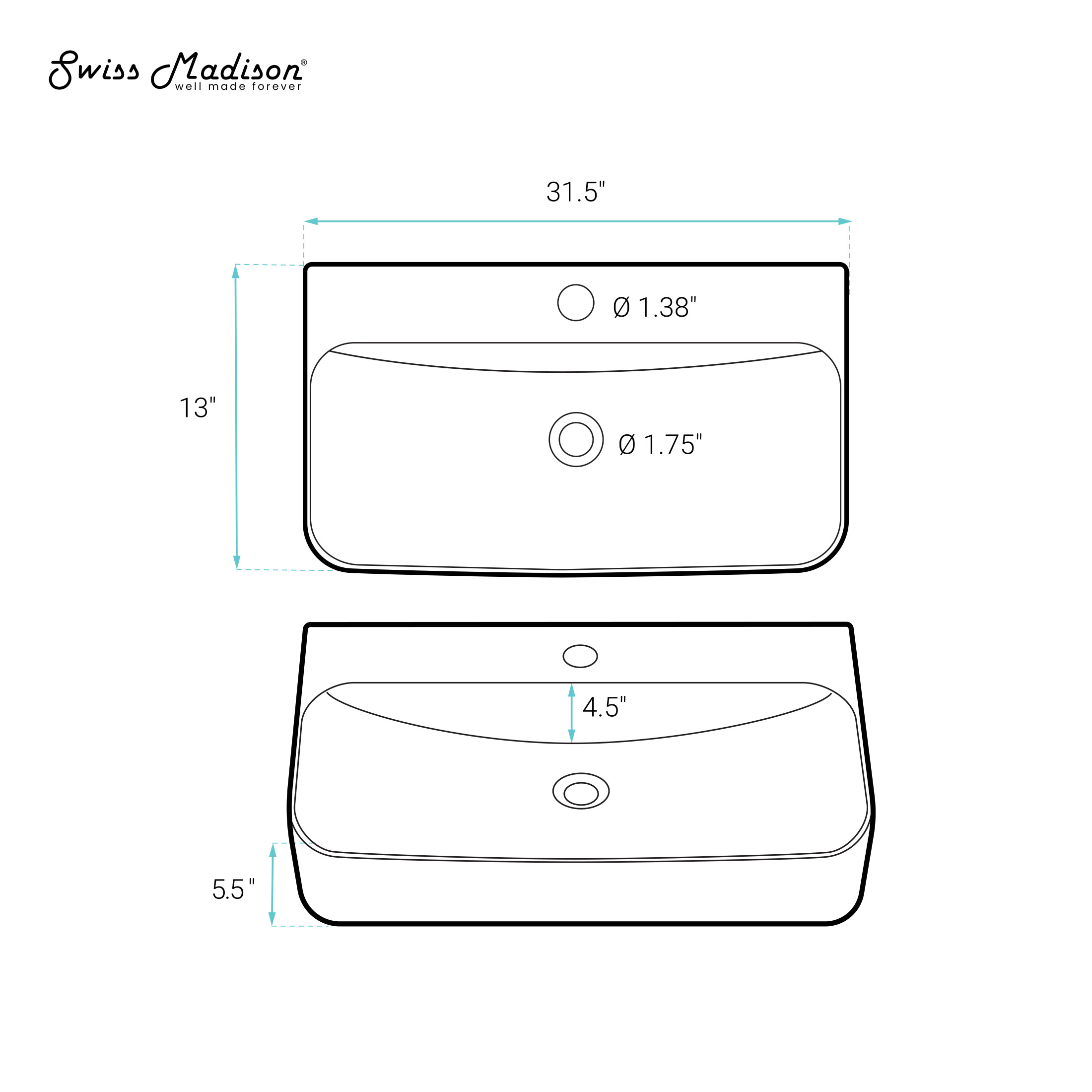 Voltaire 32" Rectangle Vessel Sink in Glossy White with Faucet Mount