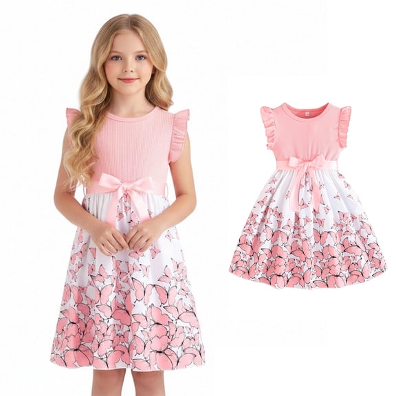 Summer Dress Girls Ruffle Sleeve Butterfly Print Girls Casual Dresses A-Line Party Dress Girl Dresses Size 7-8 Years