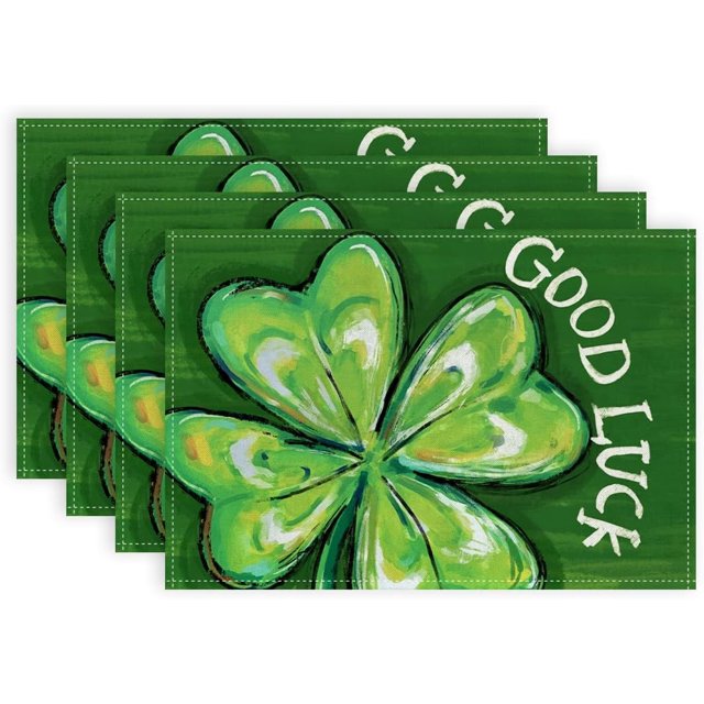 St. Patricks Day Placemats 12x18 Inches Set of 4, Shamrock Good Luck Spring Seasonal Farmhouse Burlap Green Indoor Kitchen Dining Table Mats Decorations for Home Party AP540-4