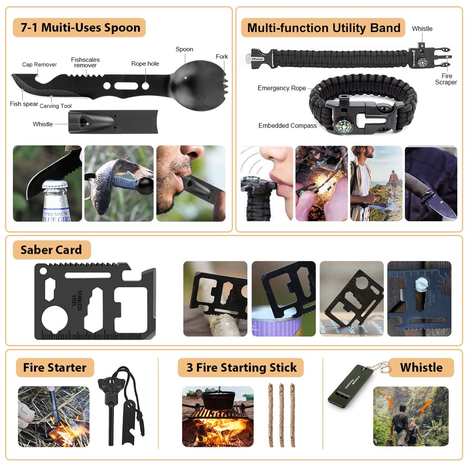 Kaqinu Survival Kit 250 Pcs with Molle System Compatible Bag,Emergency Tent,Flashlight and more Great Gift for Men Camping Outdoor Adventures