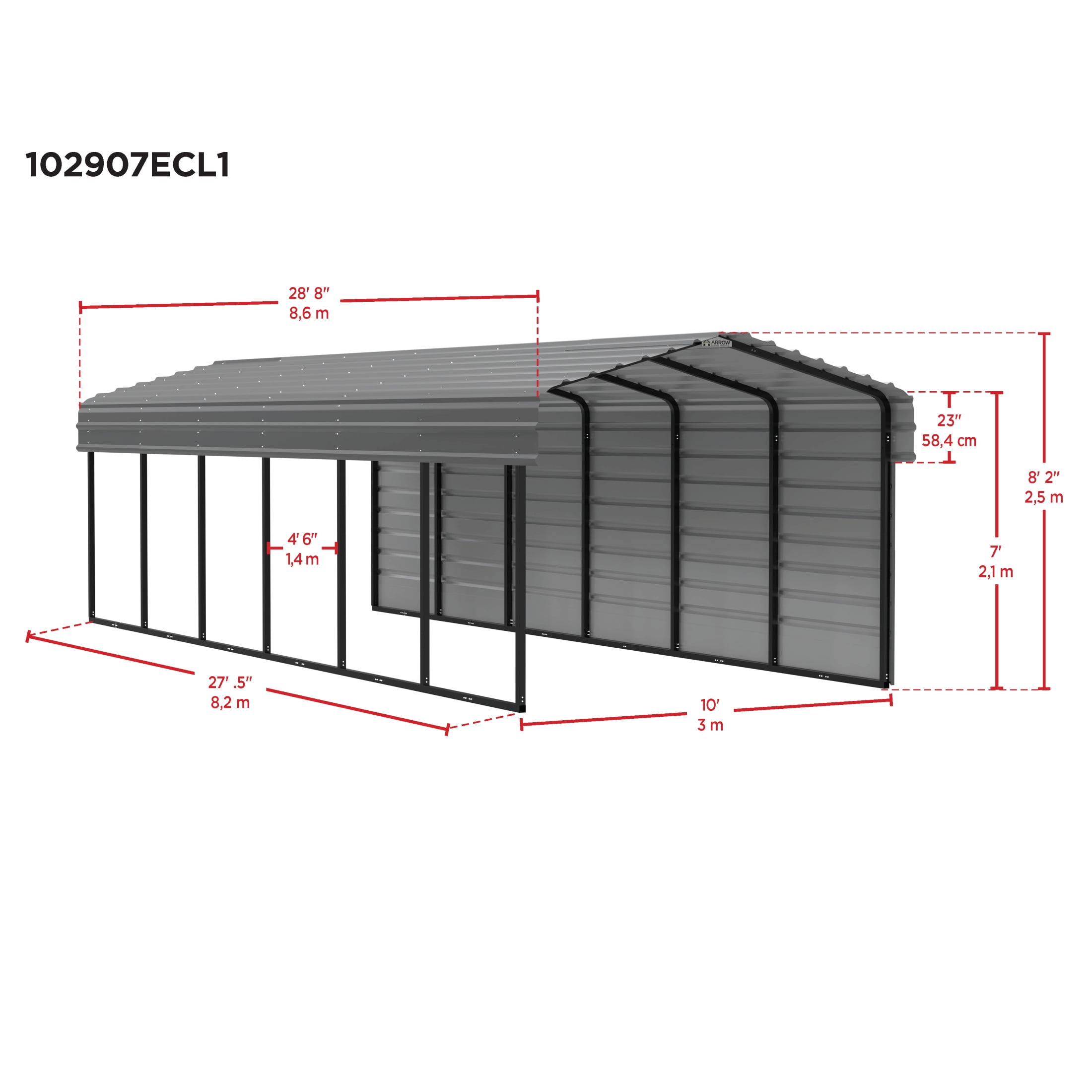 Arrow 10 x 29 x 7 ft Eggshell Carport With 1 Side Wall Kit