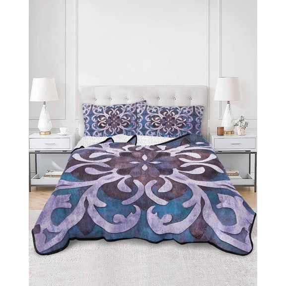 Quilts Queen Size, Blue Purple Ethnic Soft Comforter Bedding Set for Bed, Rustic Boho Flowers Impressionist Lightweight Quilted Bedspread with Pillow Cover(2 Pieces) for All Season, 90x96 Inch