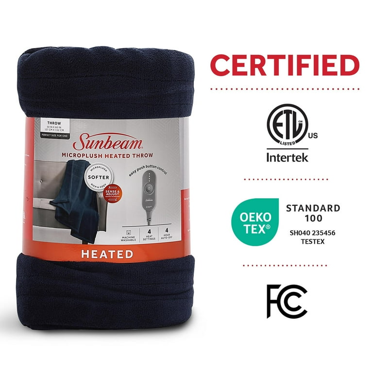 Sunbeam Cozy Microplush Heated Throw Blanket, Poseidon Blue, 50