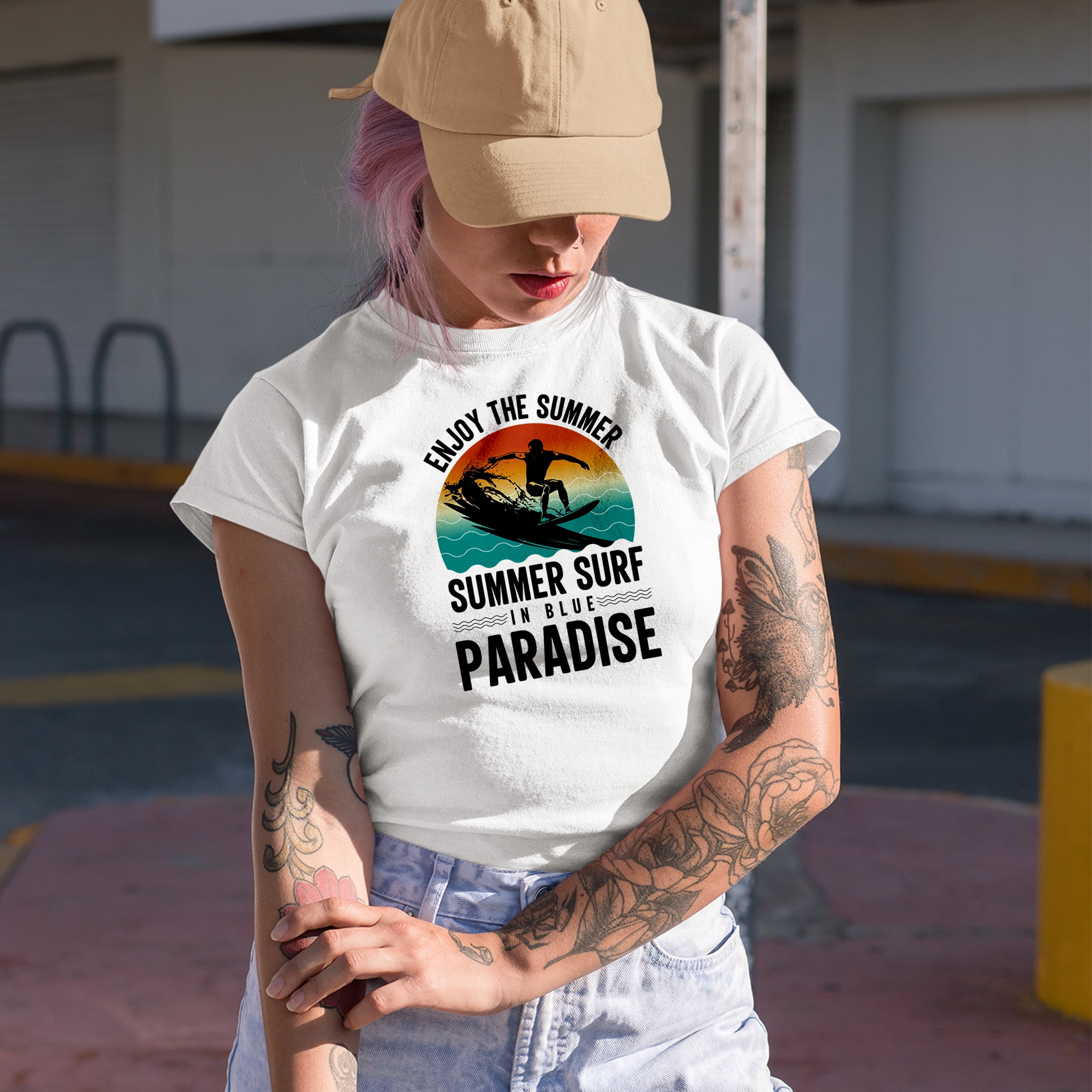 Enjoy the Summer, Summer Surf in Blue Paradise, Surfer or Surfing Enthusiast, Baby Blue T-Shirt, Large