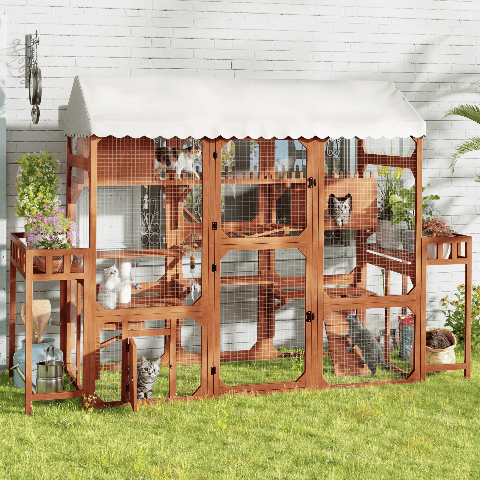 Large Outdoor Cat Enclosure, Wooden Catio with 2 Plant Stands, Multi-Level Cat Playpen with Weather-Resistant Roof & Wire Mesh for Backyard Patio, Brown
