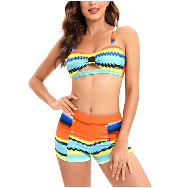 ZKCCNUK Womens Swimsuits Ladies Fashion Multicolor Gradient Color Print Hollow Out Women's Split Boxer Pants Swimsuit Womens Swimsuits Tummy Control on Clearance