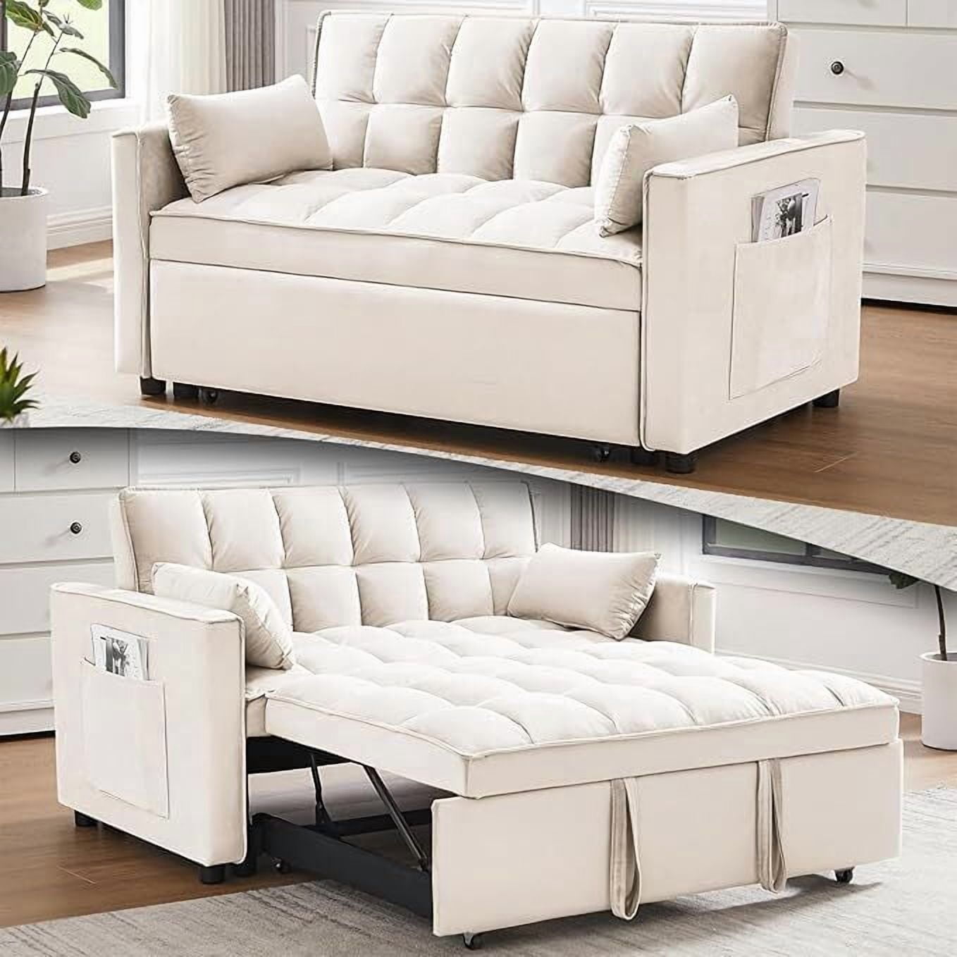 ShiKeyi 3 in 1 Convertible Sleeper Futon Sofa Bed, 55" Pull Out Sofa Bed with Storage Pocket/Side Pocket/2 Pillows for Living Room, Beige