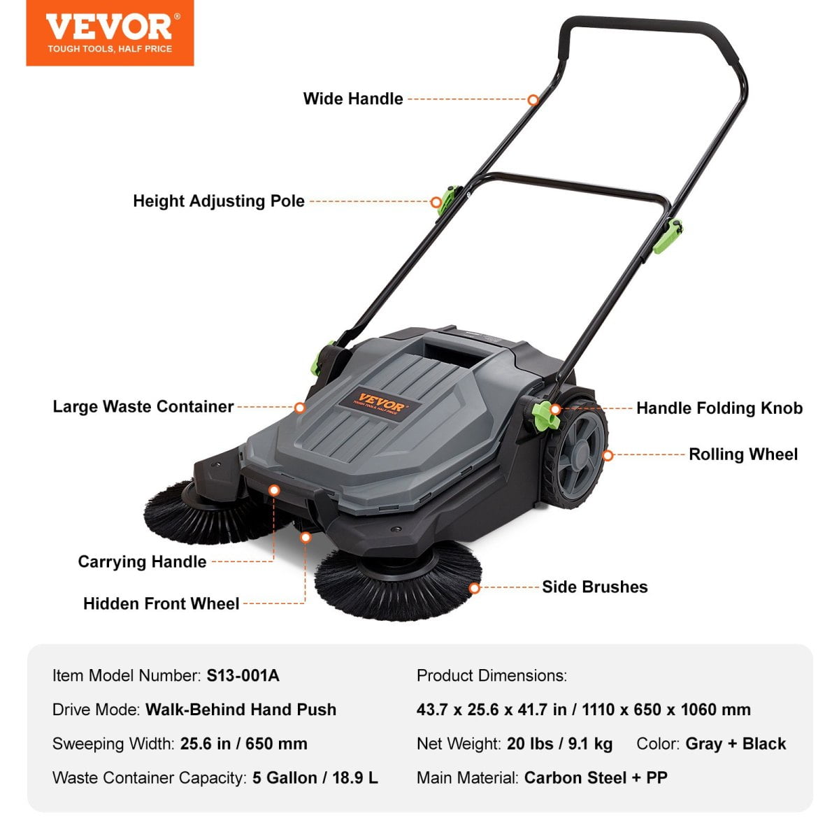 25.6" Walk-behind Hand Push Floor Sweeper - 5-Gallon Waste Container, Adjustable Folding Handle for Walkway Yard Garage Patio