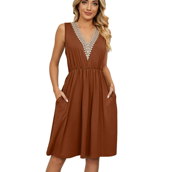YYDGH Women's Sleeveless Solid Dress Casual Crochet Lace Trim V Neck Mini Dress Elastic Waist Pleated Dresses with Pockets Brown XL